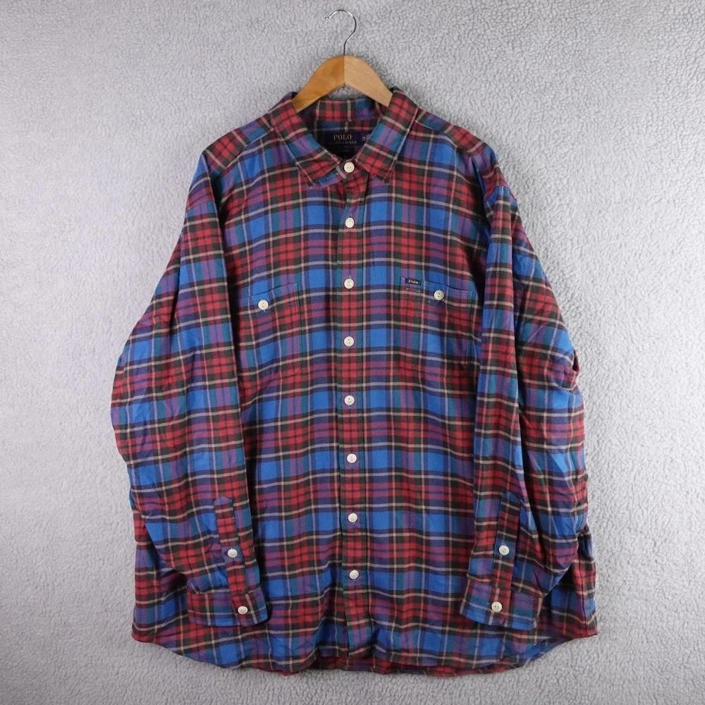 Polo Ralph Lauren Performance‎ Mens 3XB Plaid Flannel Button Down Shirt Blue Red